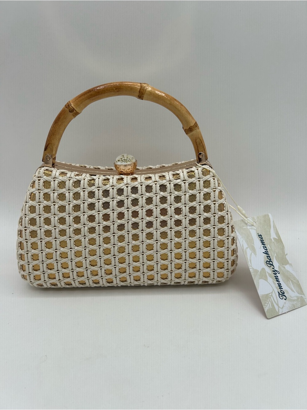 Tommy Bahama Woven Bamboo Handle Handbag Gold White Kiss Lock Frame Chain Strap